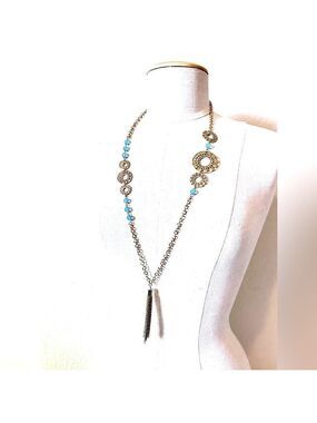 CHICO’s long gold station tassel necklace w aqua blue bead accents | NEW